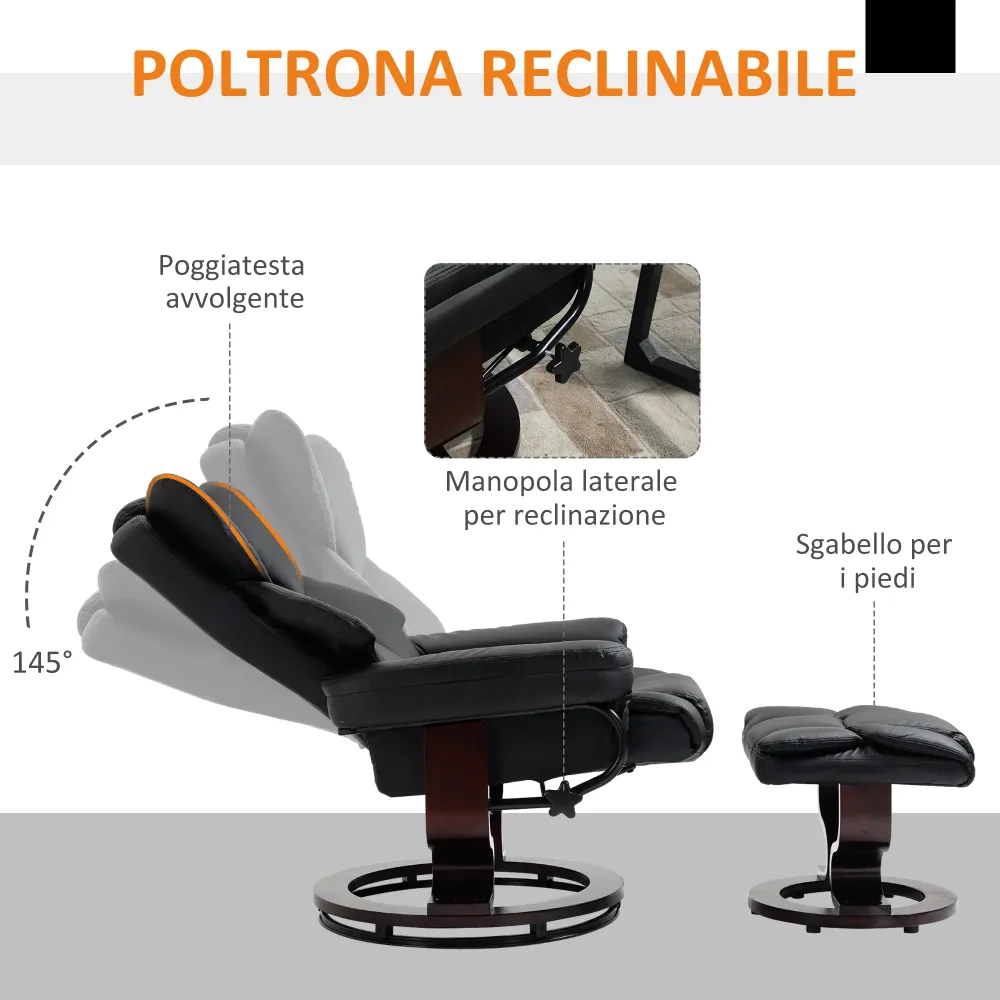 Poltrona Relax e Pouf Poggiapiedi Reclinabile 145° con Seduta Girevole Finta Pelle Nero