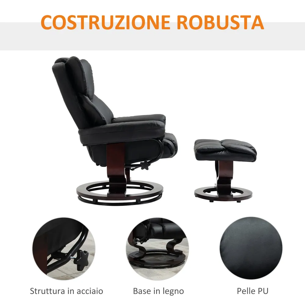 Poltrona Relax e Pouf Poggiapiedi Reclinabile 145° con Seduta Girevole Finta Pelle Nero