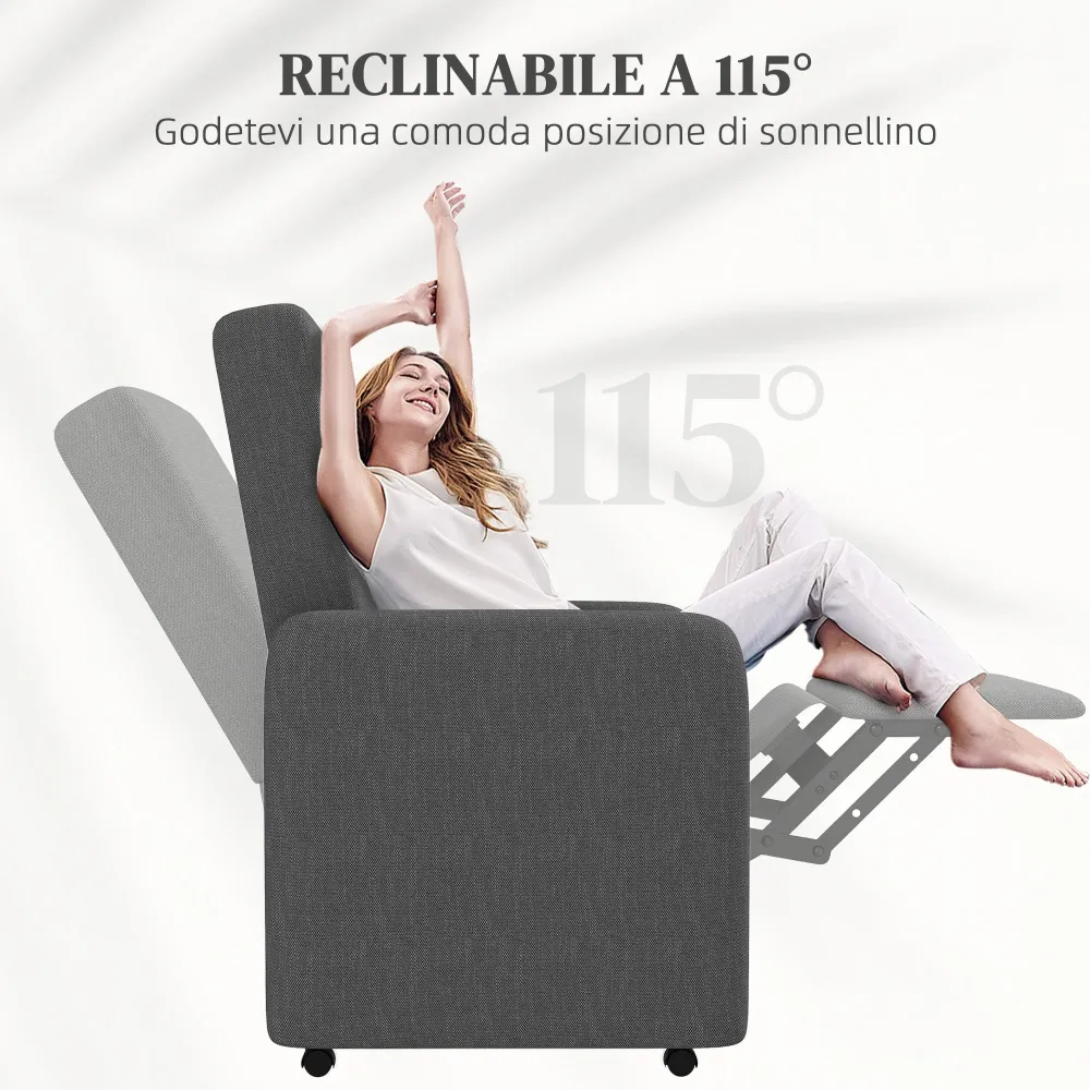 Poltrona Relax Reclinabile 115° max con Poggiapiedi 76x78,5x102 cm Grigio