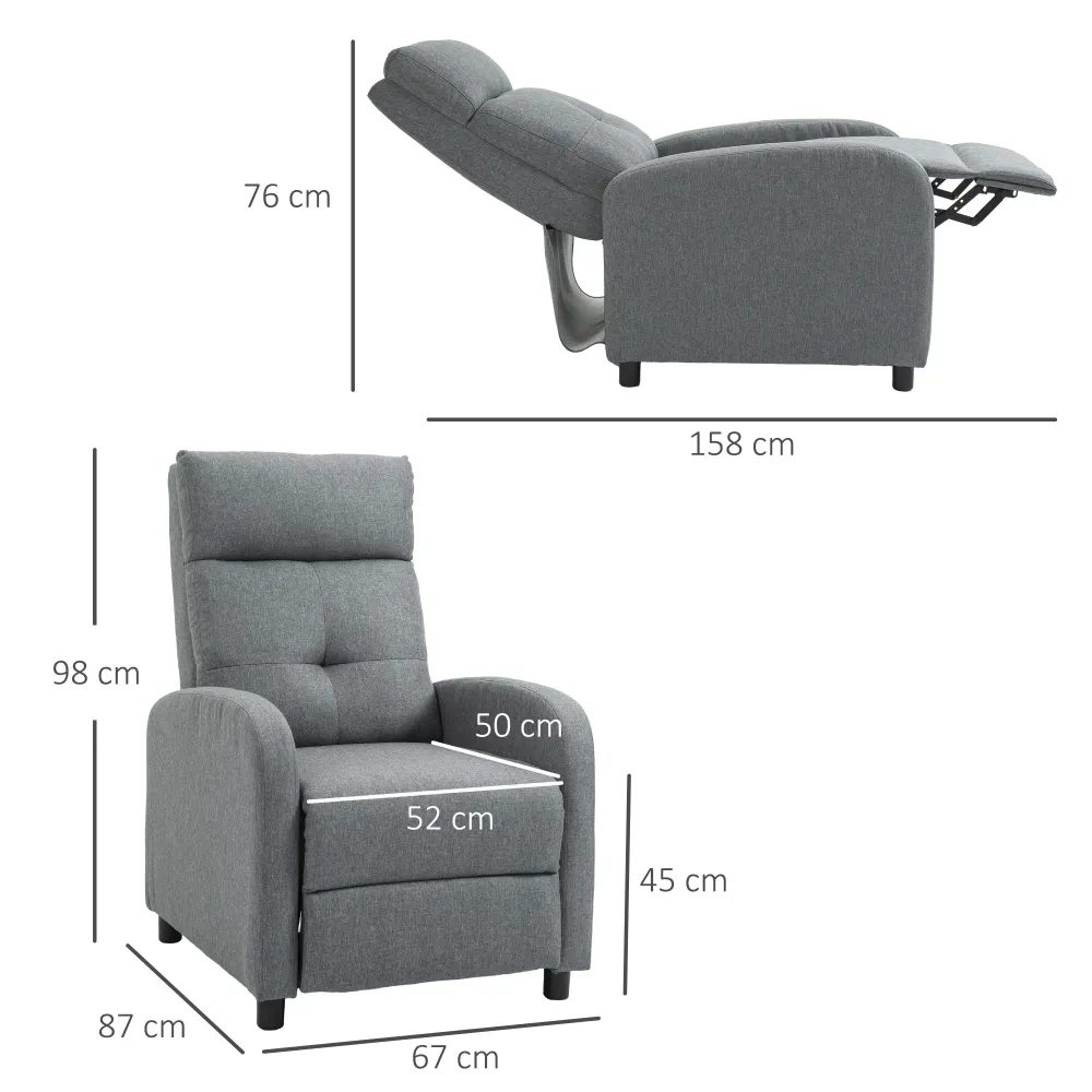 Poltrona Relax Reclinabile 155° 67x87x98 cm con Poggiapiedi Tessuto Effetto Lino Grigio