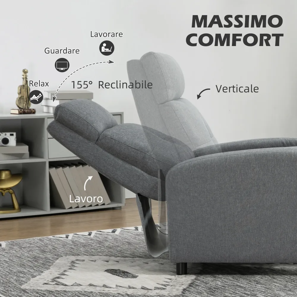 Poltrona Relax Reclinabile 155° 67x87x98 cm con Poggiapiedi Tessuto Effetto Lino Grigio