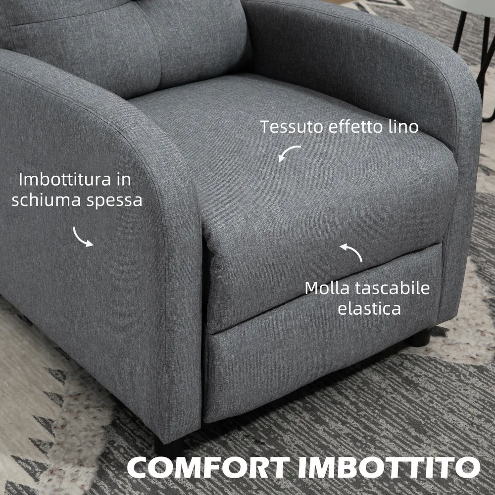 Poltrona Relax Reclinabile 155° 67x87x98 cm con Poggiapiedi Tessuto Effetto Lino Grigio