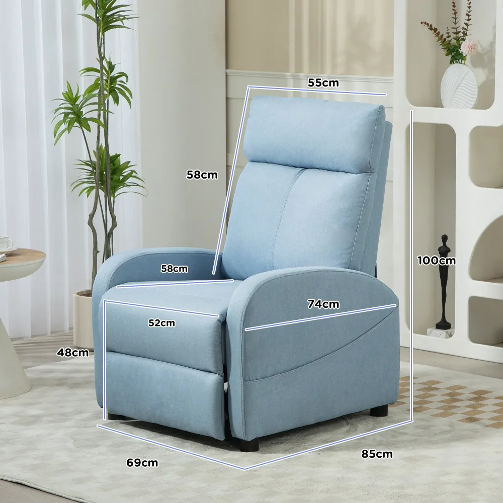 Poltrona Relax Reclinabile 165° 69x85x100 cm Tessuto Effetto Lino Azzurro