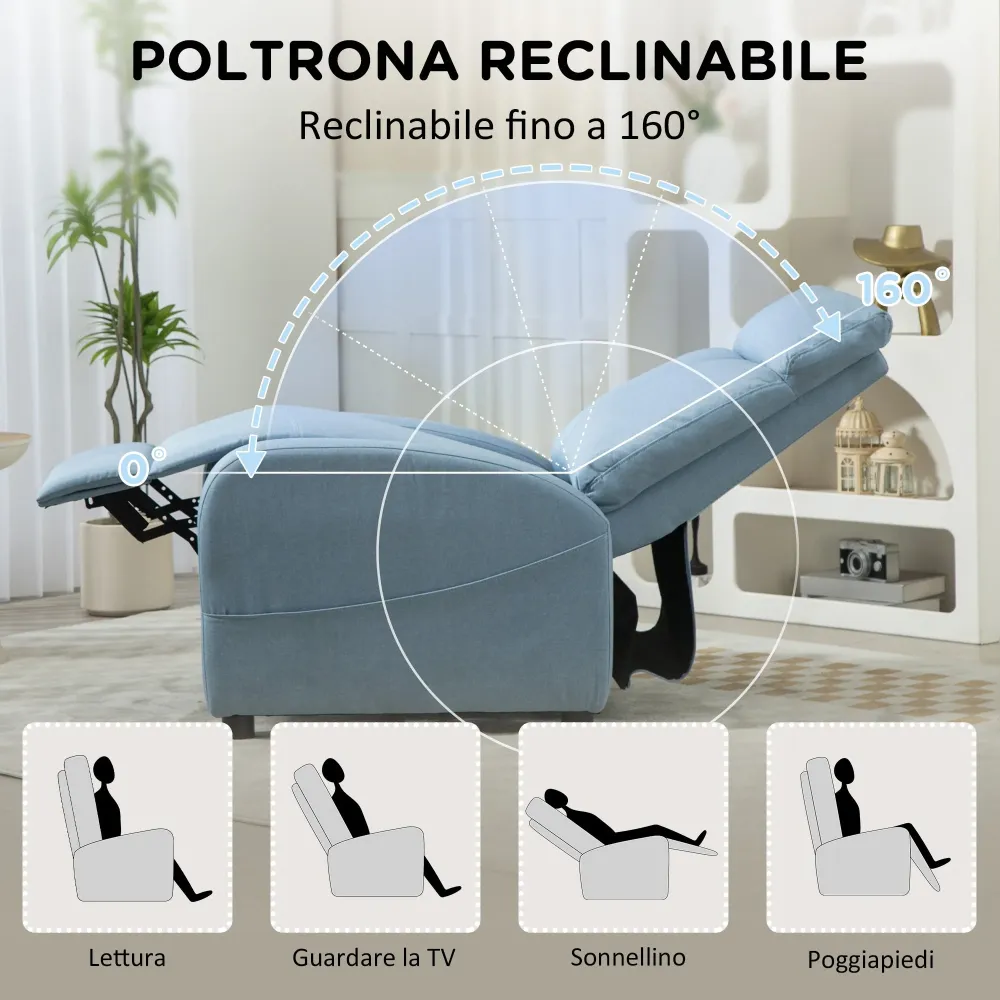 Poltrona Relax Reclinabile 165° 69x85x100 cm Tessuto Effetto Lino Azzurro
