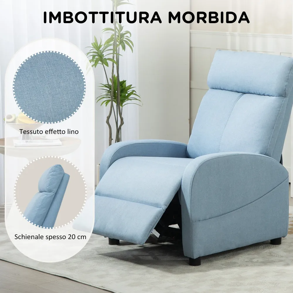 Poltrona Relax Reclinabile 165° 69x85x100 cm Tessuto Effetto Lino Azzurro