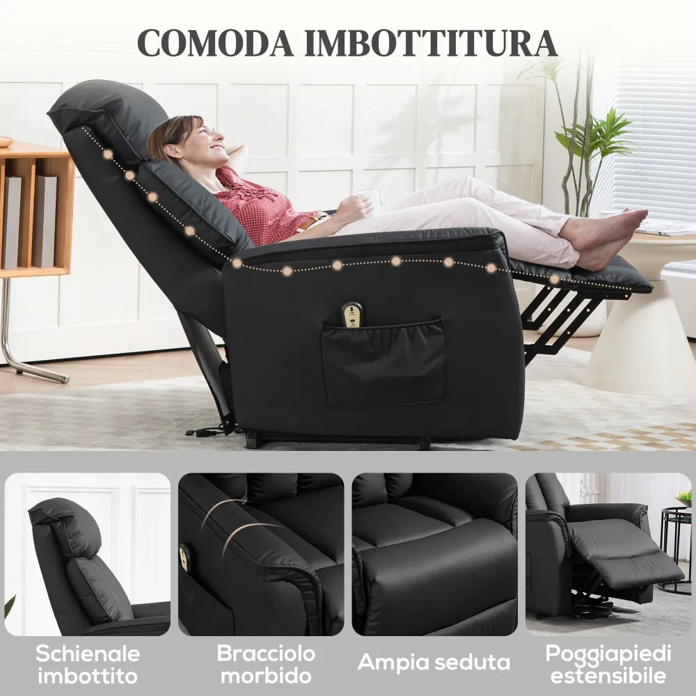 Poltrona Relax Reclinabile Alzapersone Elettrica con Telecomando Nero