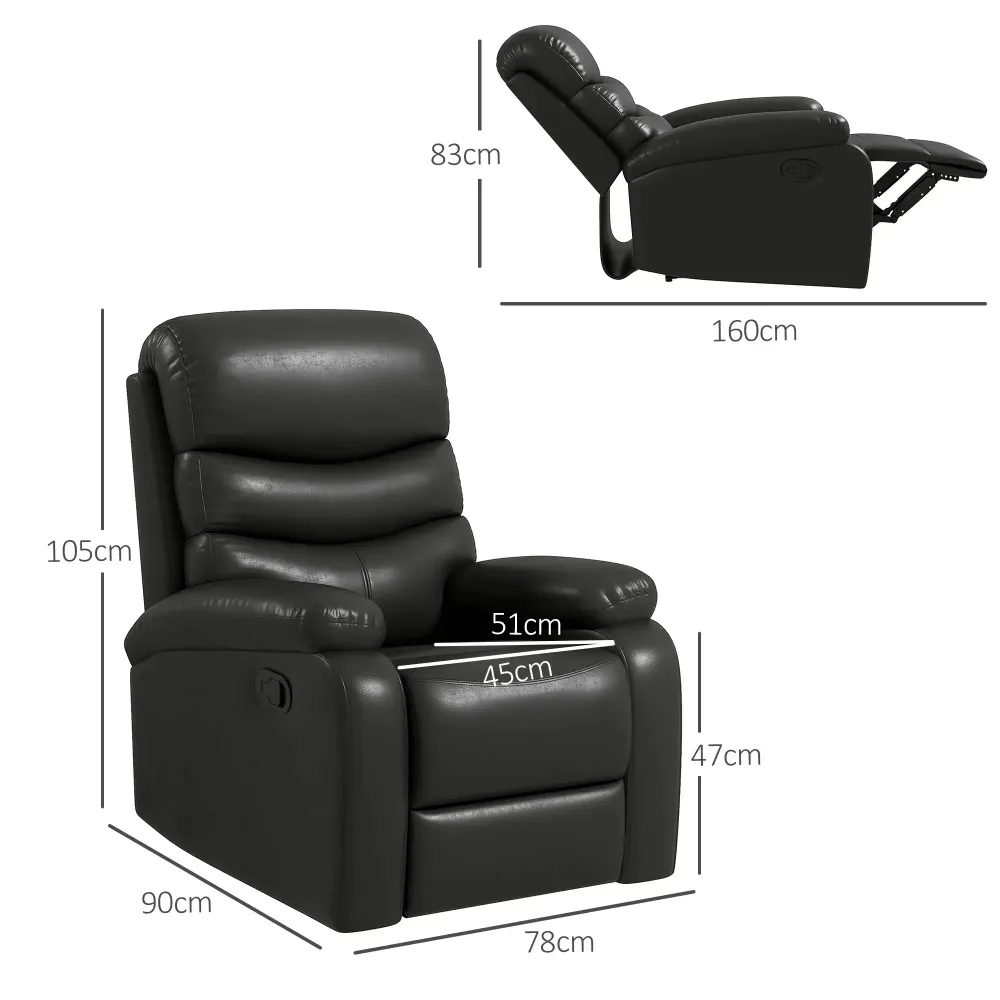 Poltrona relax reclinabile con funzione reclinabile incluso poggiapiedi nero, 78x90x105 cm