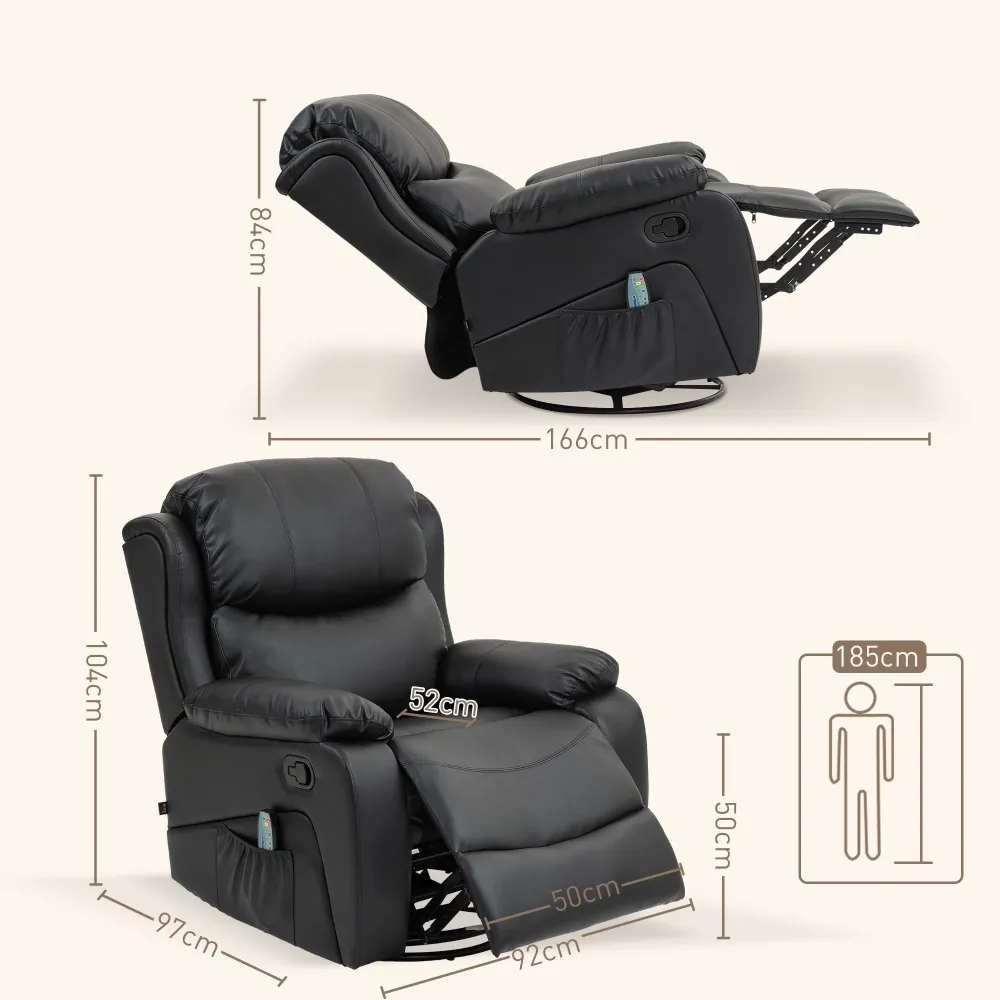 Poltrona Relax Reclinabile con 8 Punti Massaggianti 97x92x104 cm Finta Pelle e Acciaio Nero