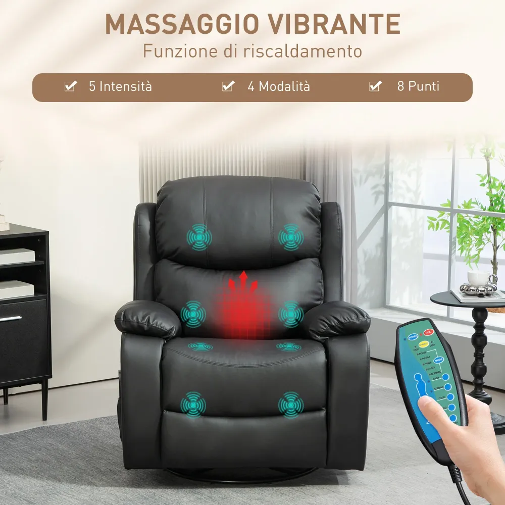 Poltrona Relax Reclinabile con 8 Punti Massaggianti 97x92x104 cm Finta Pelle e Acciaio Nero