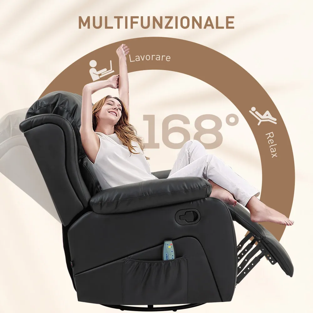 Poltrona Relax Reclinabile con 8 Punti Massaggianti 97x92x104 cm Finta Pelle e Acciaio Nero