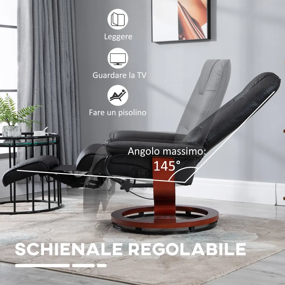 Poltrona Relax Reclinabile Manualmente fino 145° con Poggiapiedi e Rivestimento Finta Pelle Nero