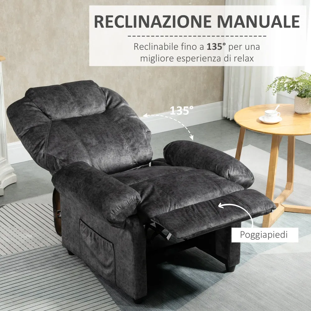 Poltrona Relax Reclinazione Manuale con Poggiapiedi Estraibile Microfibra Nero