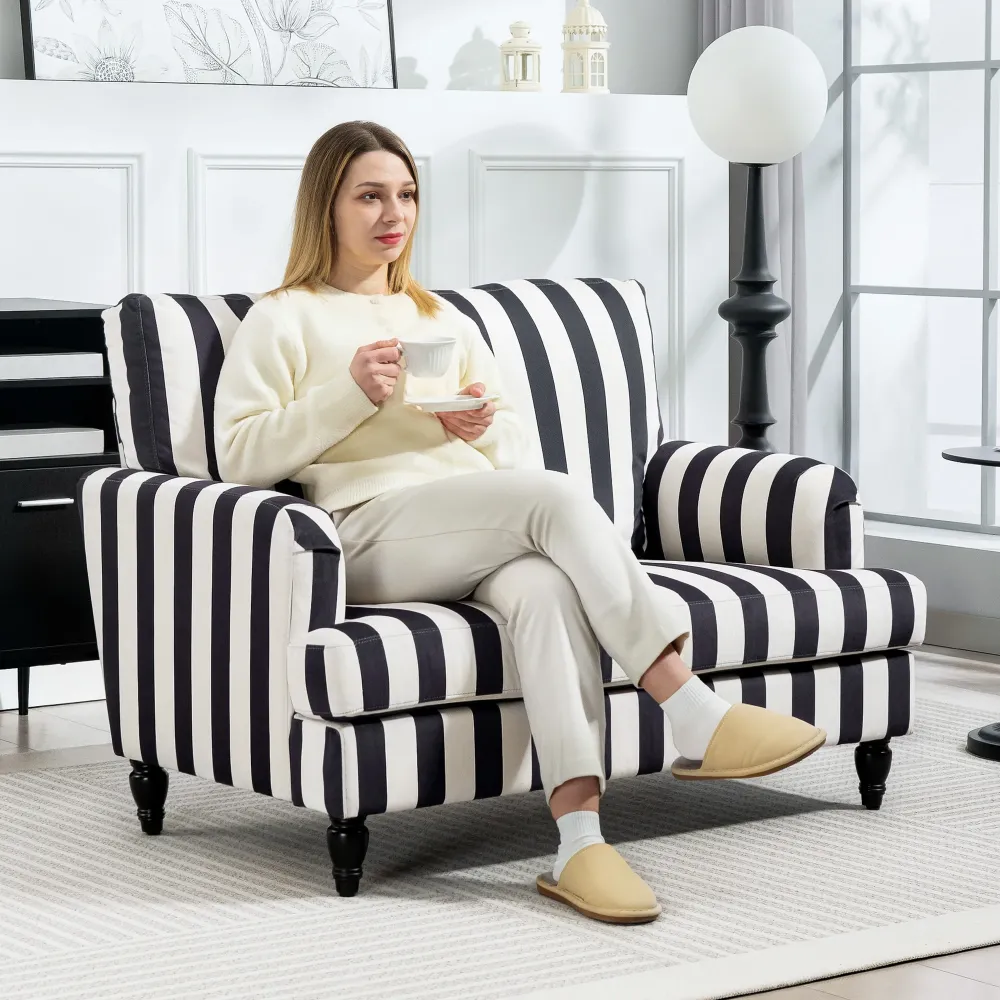 Poltrona da Salotto 115x82x82 cm con Seduta Ampia Velluto Righe con Molle S Nero e Bianco