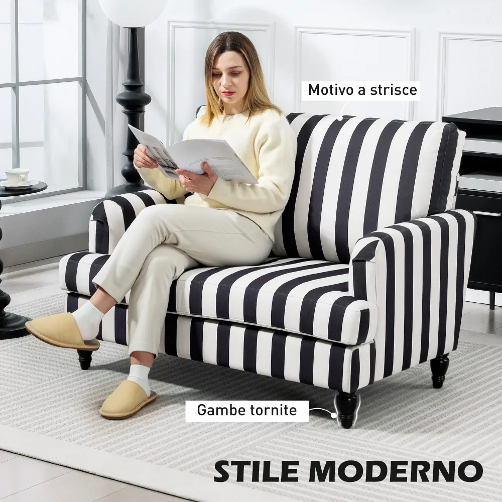 Poltrona da Salotto 115x82x82 cm con Seduta Ampia Velluto Righe con Molle S Nero e Bianco