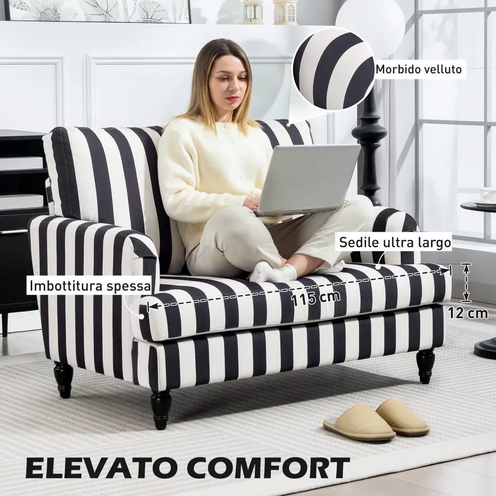 Poltrona da Salotto 115x82x82 cm con Seduta Ampia Velluto Righe con Molle S Nero e Bianco