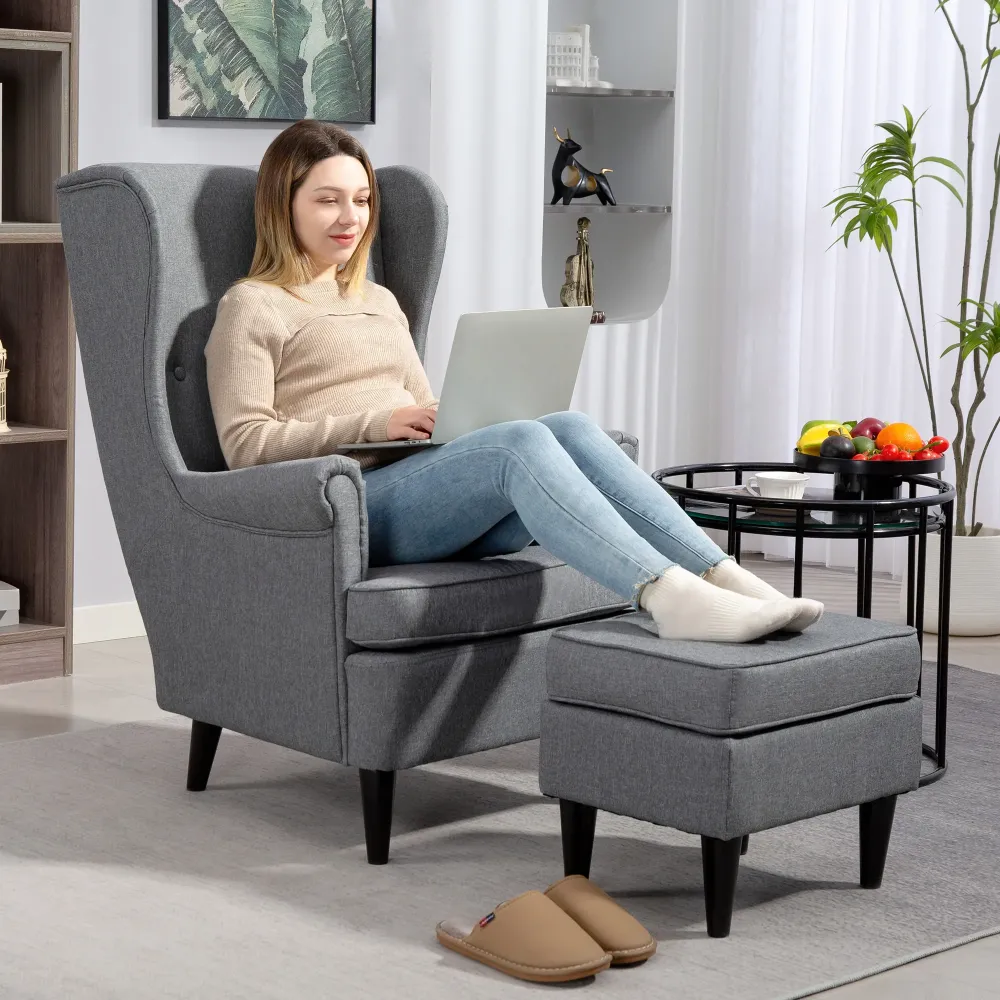Poltrona da Salotto 75x83x104 cm con Pouf Poggiapiedi Tessuto Grigio