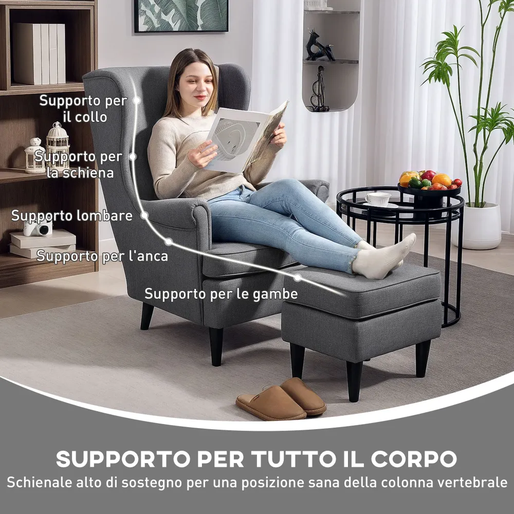 Poltrona da Salotto 75x83x104 cm con Pouf Poggiapiedi Tessuto Grigio