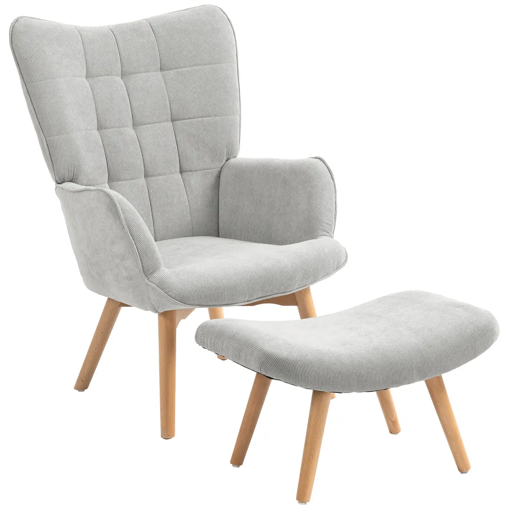 Poltrona da Salotto con Pouf Poggiapiedi 72x80x101 cm Velluto Costine Grigio