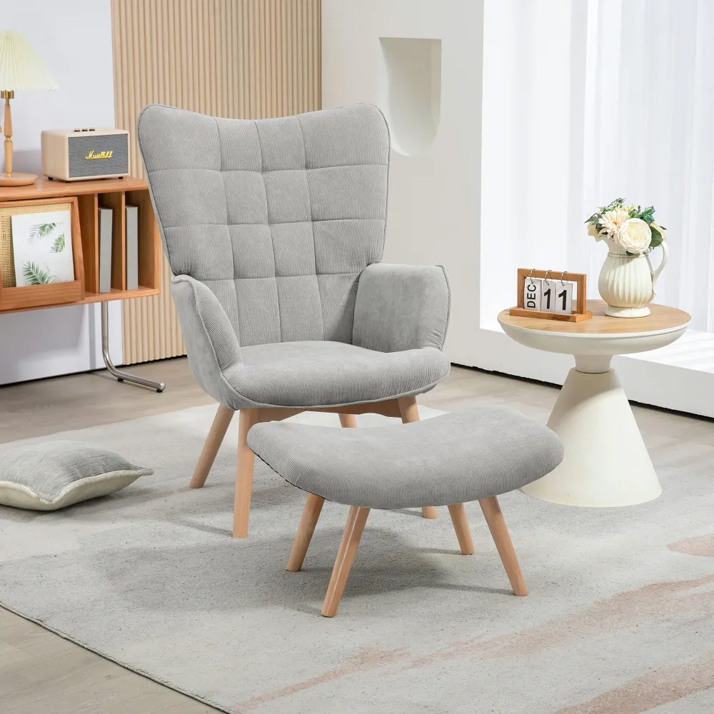Poltrona da Salotto con Pouf Poggiapiedi 72x80x101 cm Velluto Costine Grigio