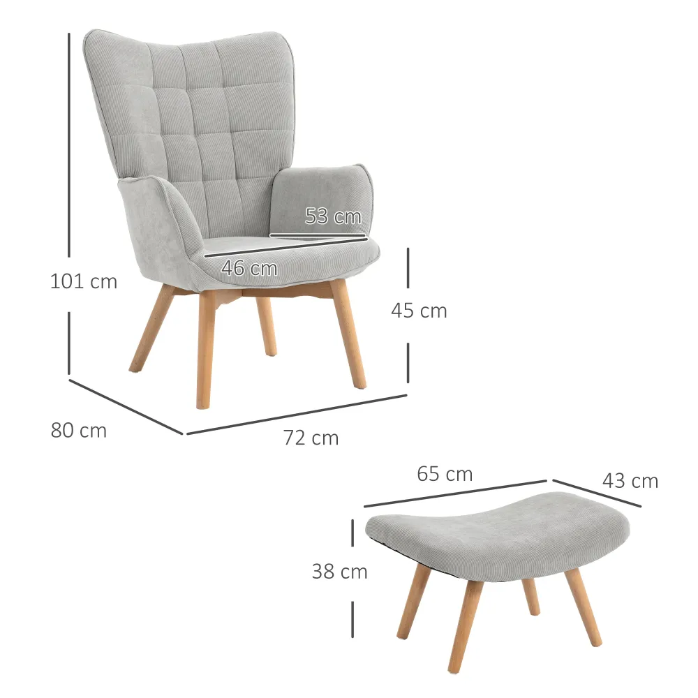 Poltrona da Salotto con Pouf Poggiapiedi 72x80x101 cm Velluto Costine Grigio