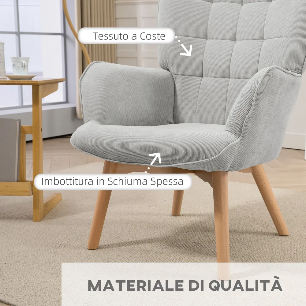Poltrona da Salotto con Pouf Poggiapiedi 72x80x101 cm Velluto Costine Grigio