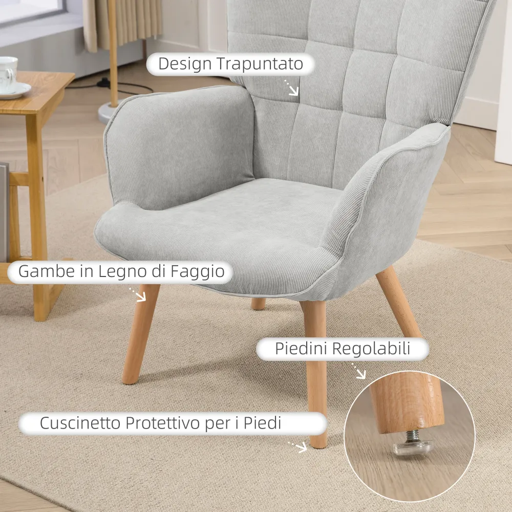 Poltrona da Salotto con Pouf Poggiapiedi 72x80x101 cm Velluto Costine Grigio