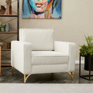 Poltrona salotto elegante tessuto crema e metallo dorato cm 90x91x83h