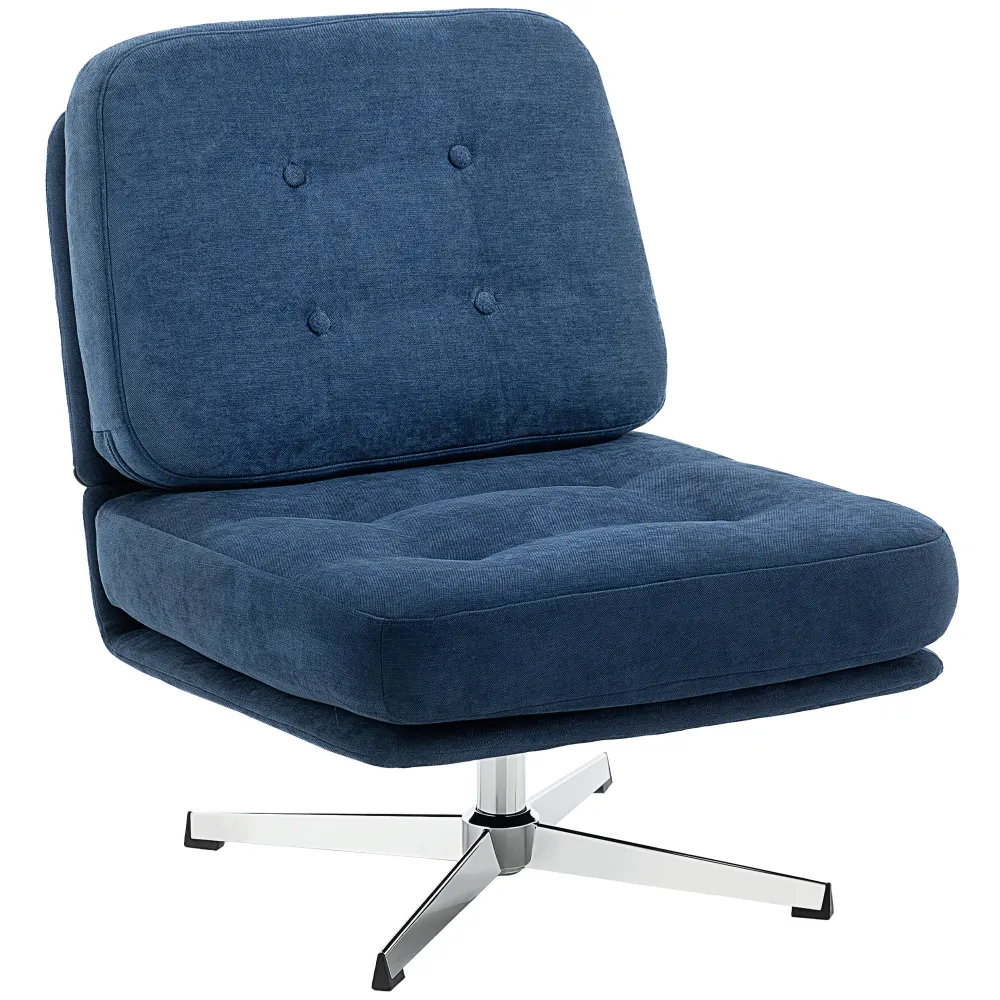 Poltrona da Salotto Girevole con Seduta Larga e Gambe Metallo Rivestita Ciniglia Blu Scuro