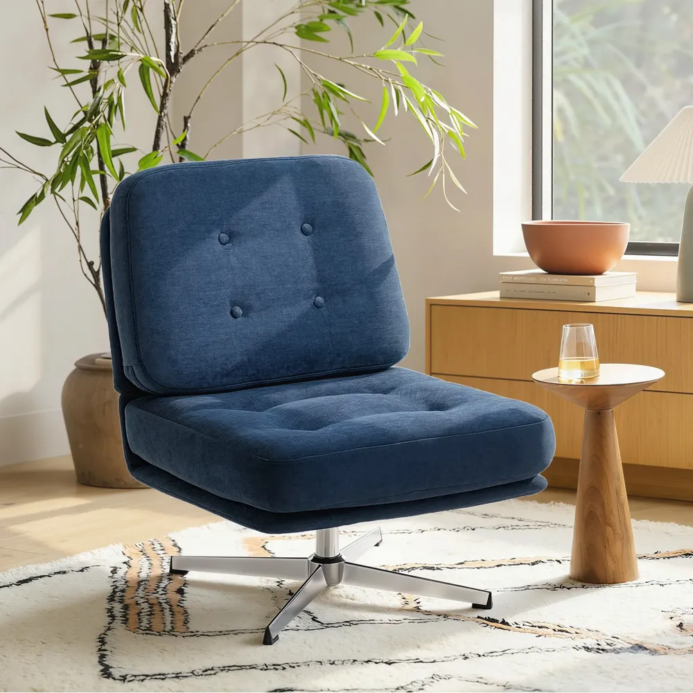 Poltrona da Salotto Girevole con Seduta Larga e Gambe Metallo Rivestita Ciniglia Blu Scuro
