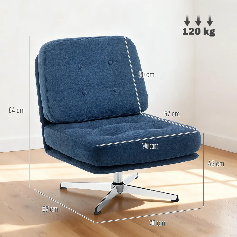 Poltrona da Salotto Girevole con Seduta Larga e Gambe Metallo Rivestita Ciniglia Blu Scuro
