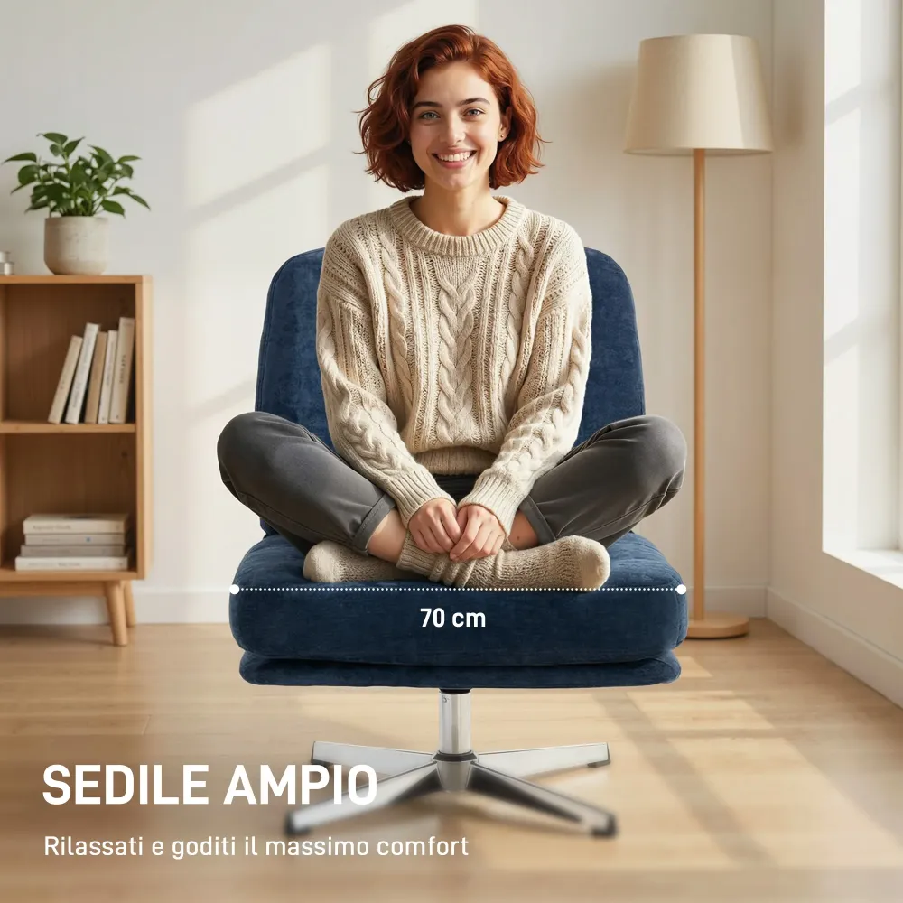 Poltrona da Salotto Girevole con Seduta Larga e Gambe Metallo Rivestita Ciniglia Blu Scuro