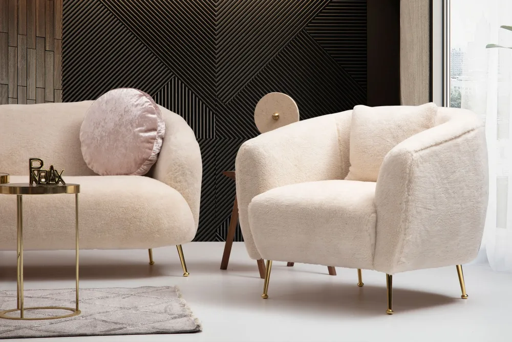 Poltrona da salotto moderna tessuto beige gambe metallo dorato cm 85x85x80h