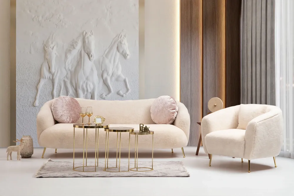 Poltrona da salotto moderna tessuto beige gambe metallo dorato cm 85x85x80h
