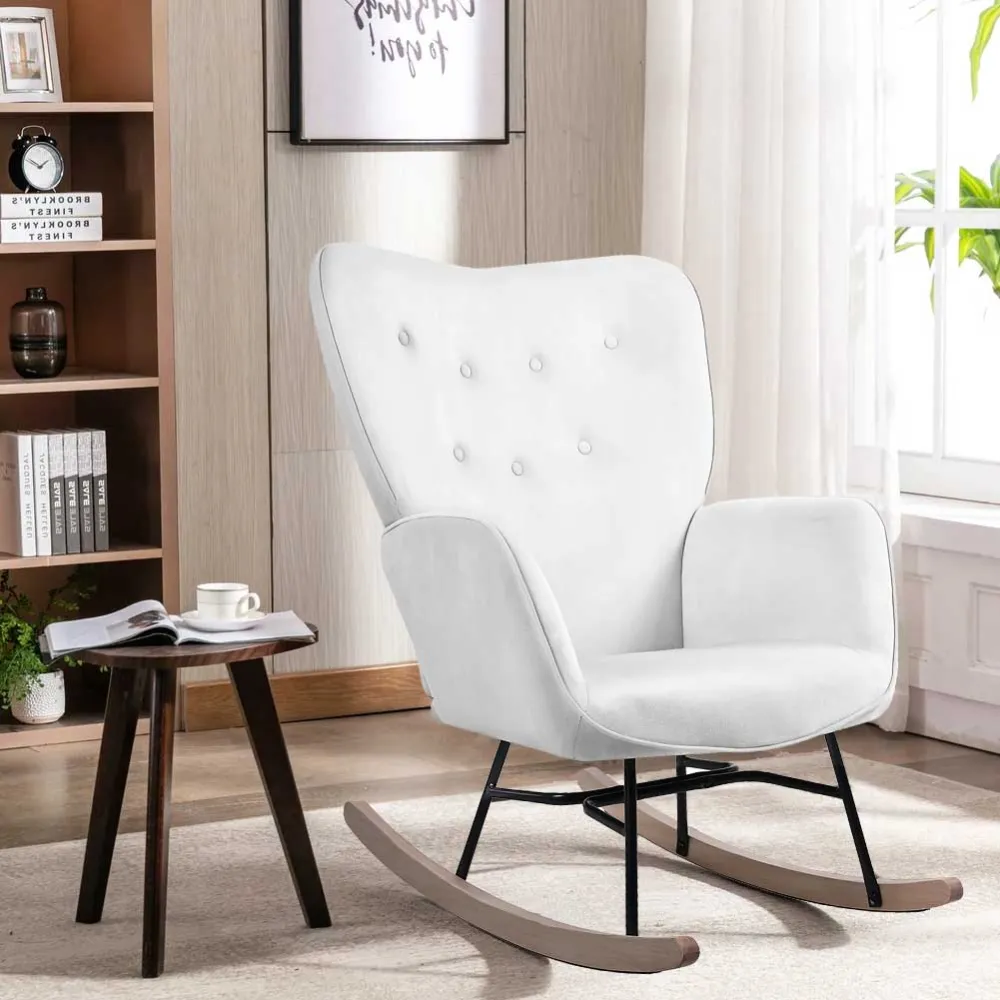 Poltrona Sedia Dondolo Relax Tessuto e Metallo Imbottita Design Moderno Crema