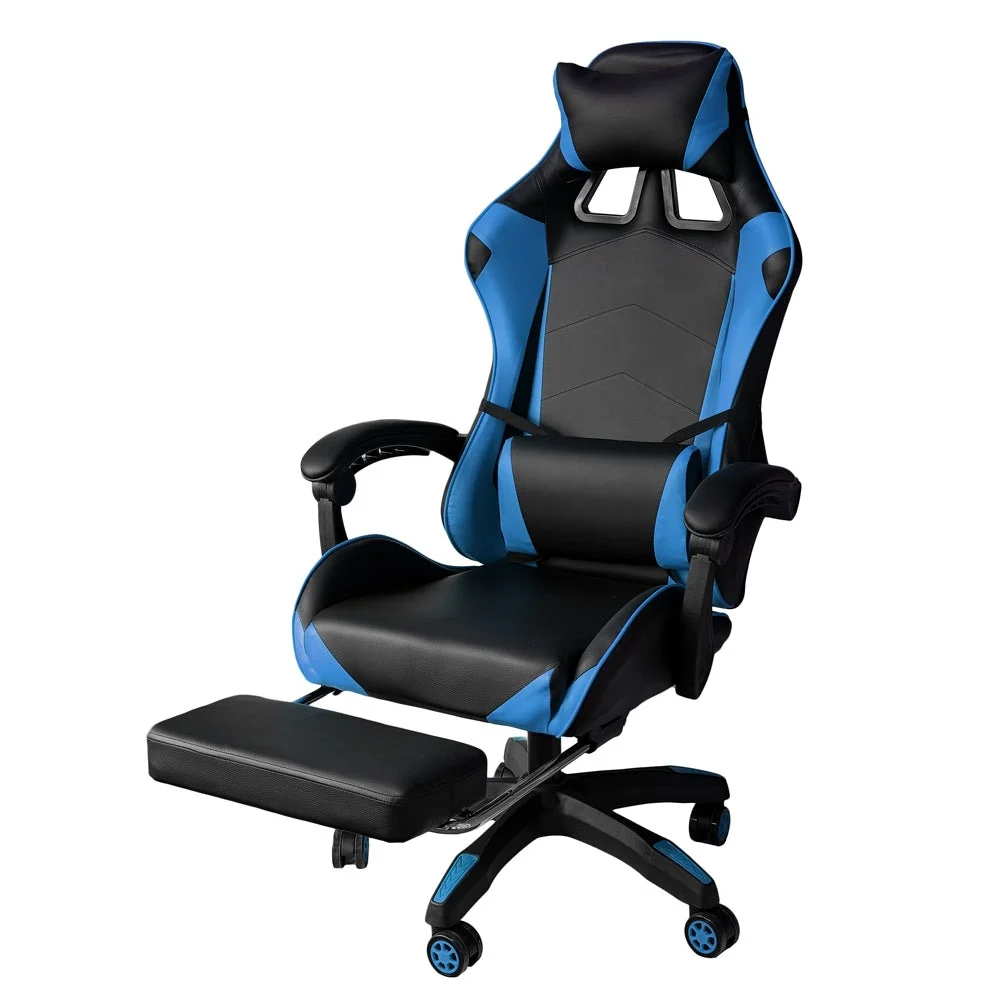 Poltrona Sedia Gaming girevole reclinabile da ufficio con poggiapiedi Blu