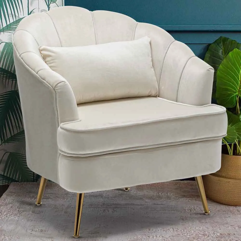 Poltrona Sedia Relax Tessuto e Metallo Imbottita Design Moderno Beige Oro