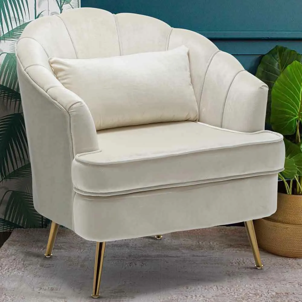 Poltrona Sedia Relax Tessuto e Metallo Imbottita Design Moderno Beige Oro