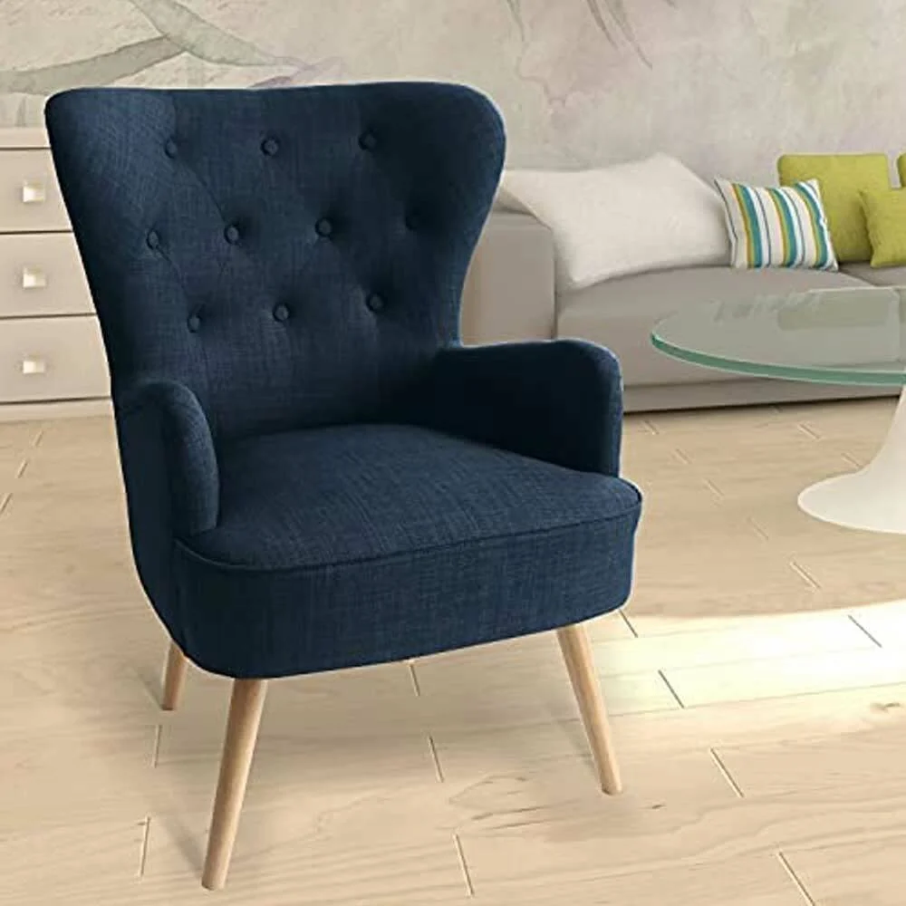 Poltrona Sedia Relax Tessuto Piedi Legno Imbottita Design Moderno Blu