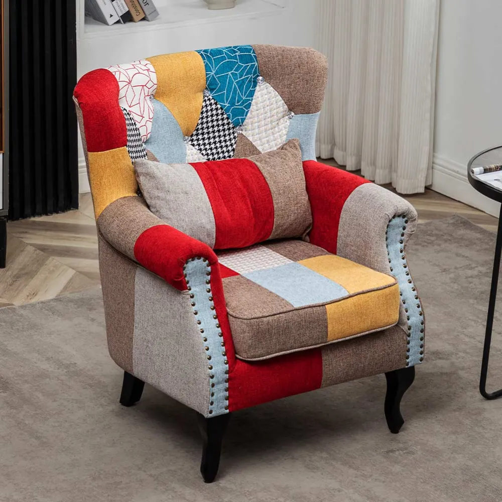 Poltrona Sedia Relax Tessuto Trapuntato Legno Imbottita Design Patchwork