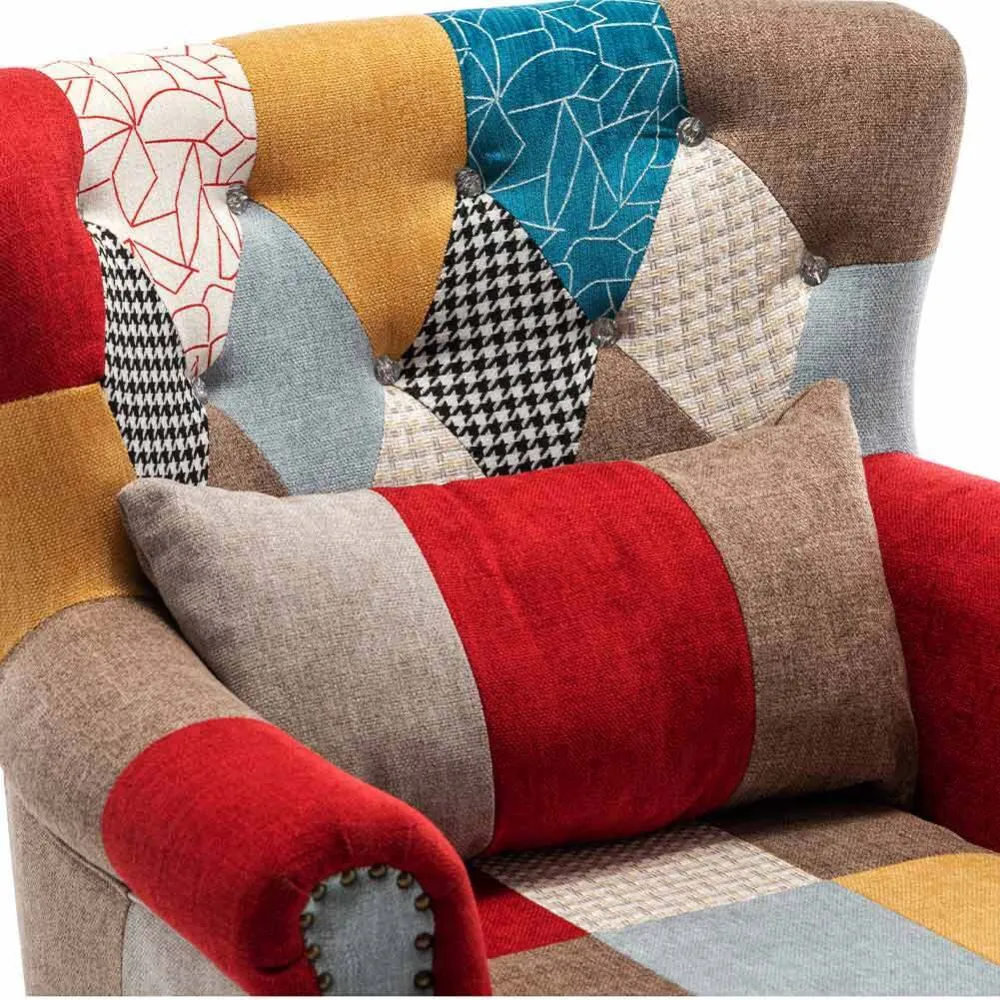 Poltrona Sedia Relax Tessuto Trapuntato Legno Imbottita Design Patchwork