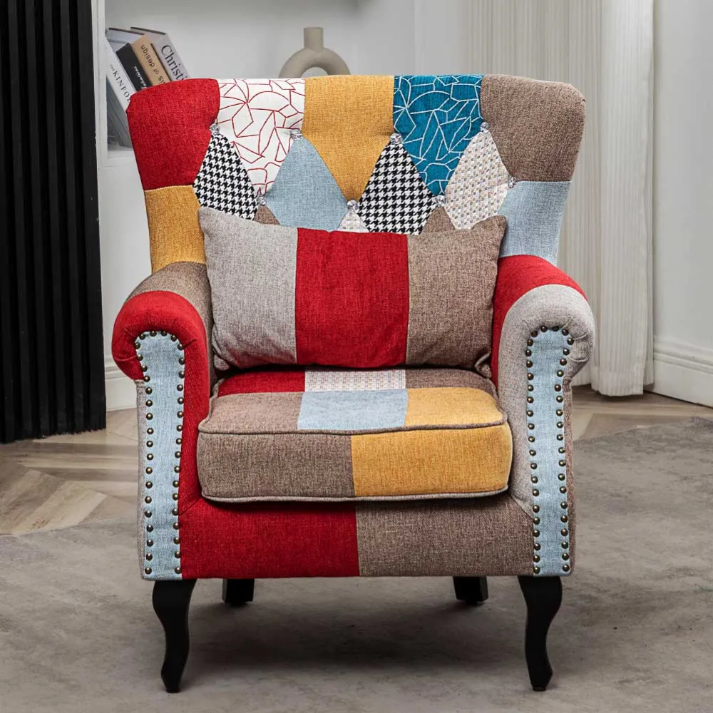 Poltrona Sedia Relax Tessuto Trapuntato Legno Imbottita Design Patchwork
