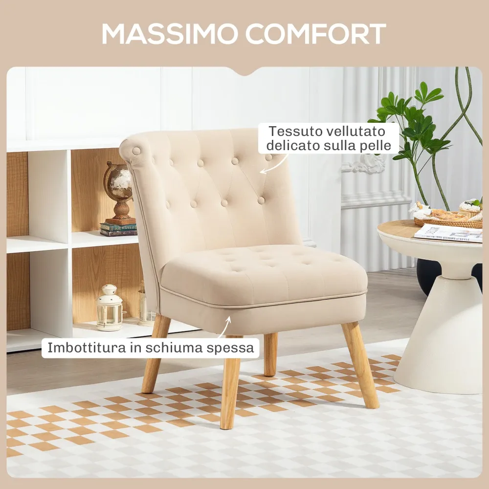 Poltrona da Soggiorno e Camera 60x66x79 cm Trapuntata Bottoni Velluto Beige