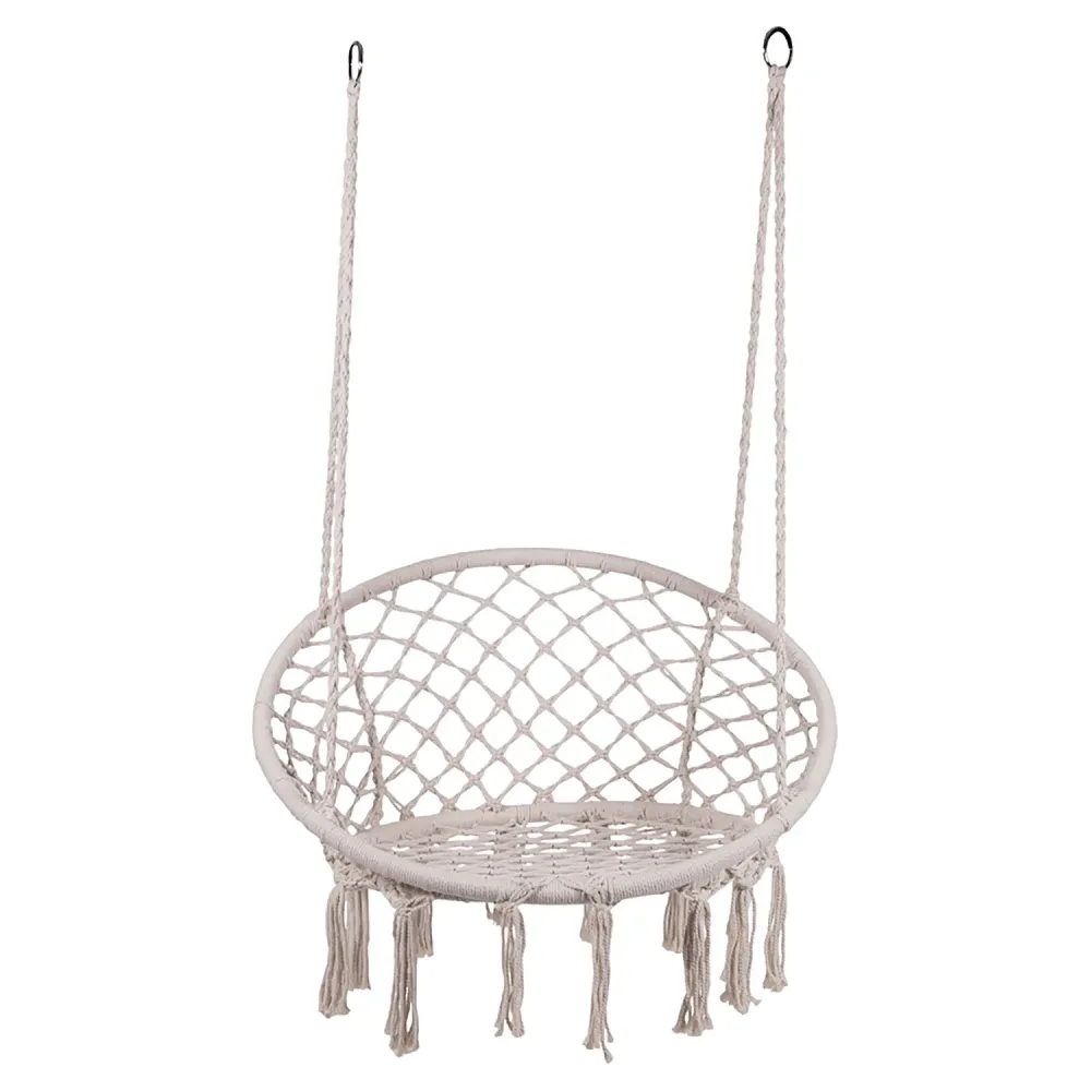 Poltrona Sospesa Amaca Macramè con Nappe Poliestere e Cotone con Struttura Acciaio Beige