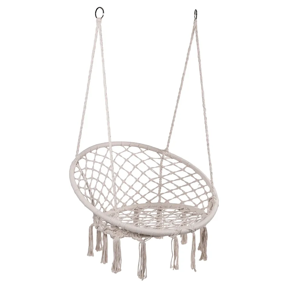 Poltrona Sospesa Amaca Macramè con Nappe Poliestere e Cotone con Struttura Acciaio Beige