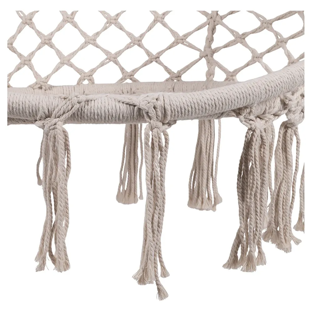 Poltrona Sospesa Amaca Macramè con Nappe Poliestere e Cotone con Struttura Acciaio Beige