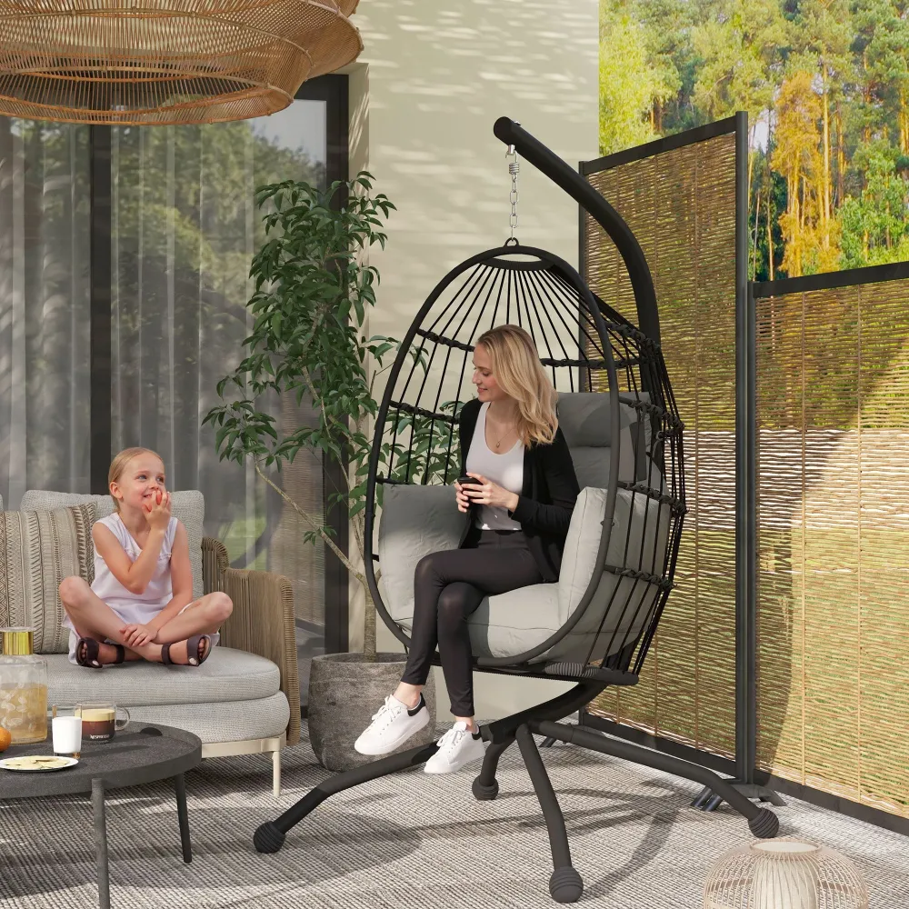 Poltrona Sospesa Amaca Uovo 120x88x192 cm con Gancio Regolabile Acciaio Nero e Grigio