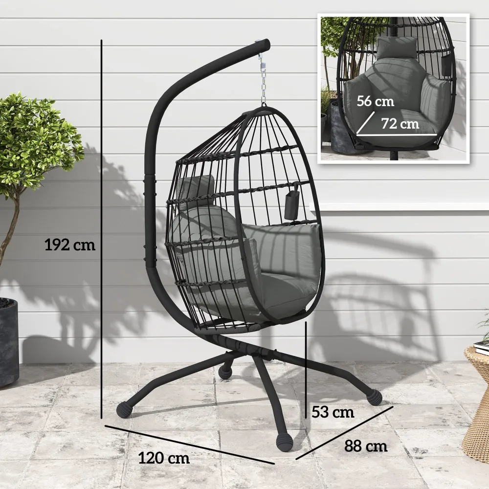 Poltrona Sospesa Amaca Uovo 120x88x192 cm con Gancio Regolabile Acciaio Nero e Grigio