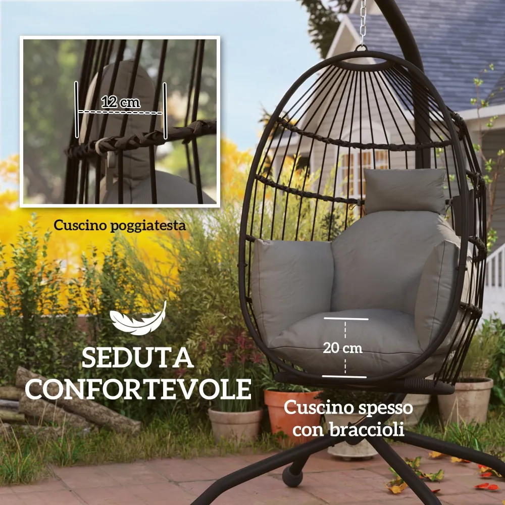 Poltrona Sospesa Amaca Uovo 120x88x192 cm con Gancio Regolabile Acciaio Nero e Grigio