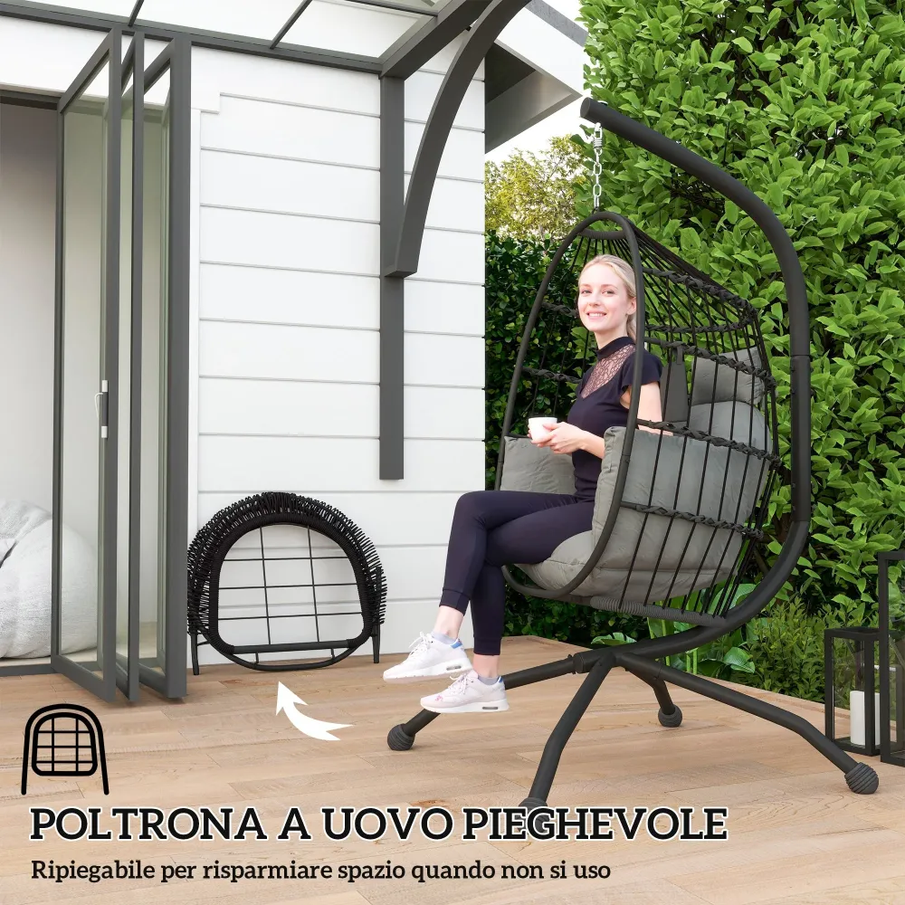 Poltrona Sospesa Amaca Uovo 120x88x192 cm con Gancio Regolabile Acciaio Nero e Grigio