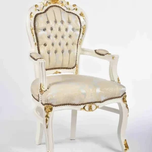 Poltrona stile barocco legno bianco e oro tessuto damascato bianco e beige cm 63X65X108